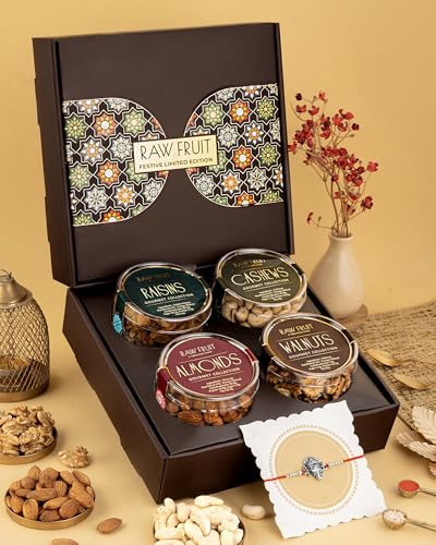 Image of HyperFoods Rakhi Gift For Brother Dry Fruits Combo Pack of 4 Dryfruits Cashews Almonds Walnuts Raisins 475 Grams Dryfruits Gift Pack Ganesha Rakhi with Roli & Rice