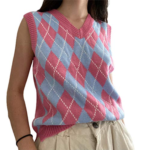 Women Streetwear Preppy Style Knitwear Sleeveless Tank Top V Neck Argyle Plaid Knitted Sweater Vest