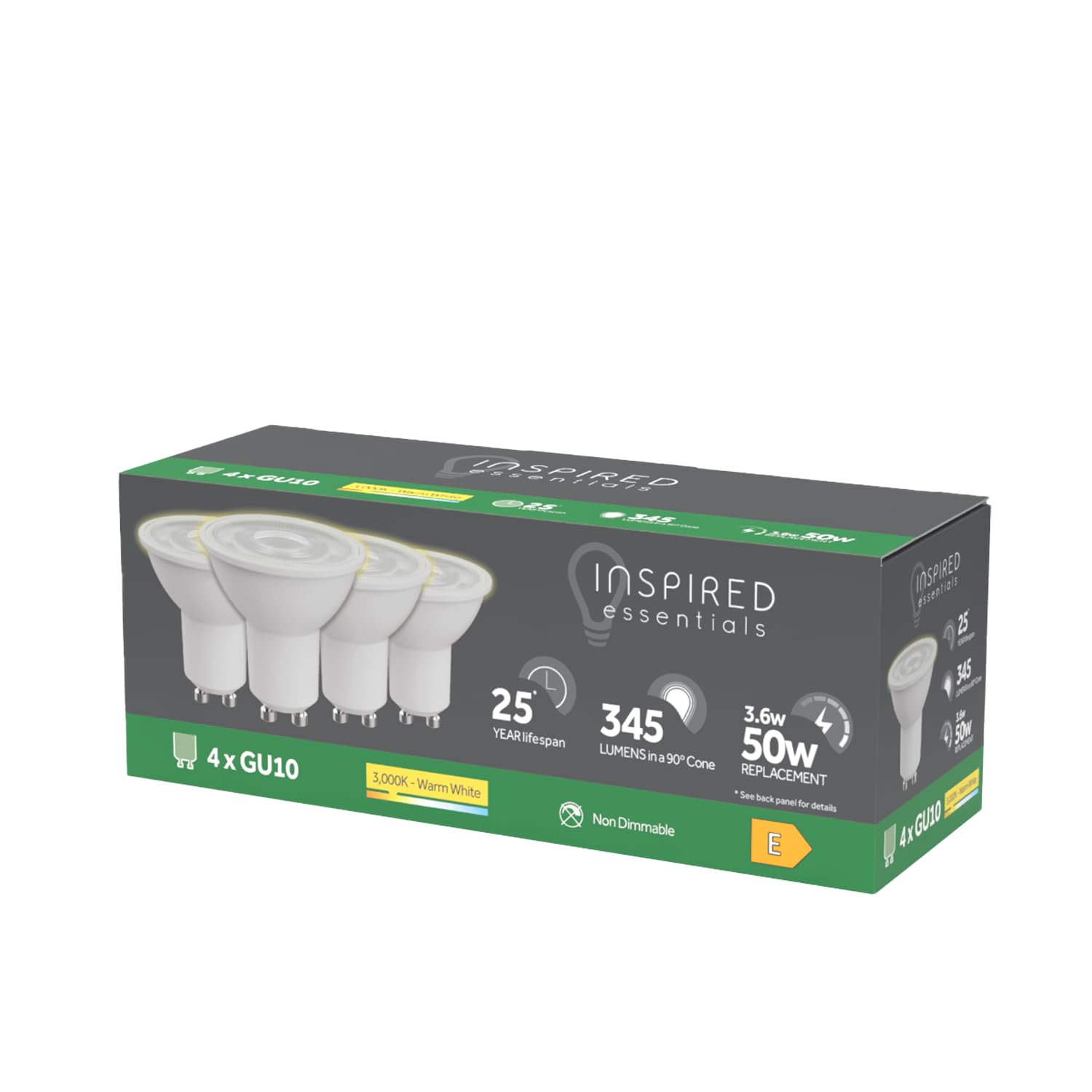Inspired Essentials LED GU10 Spotlight Bulb 3.6W (50W Replacement) - Pack of 4 LED Bulbs (4, Warm White)