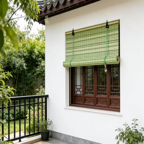 Estor Enrollable de bambú Blanco Verde para Ventanas y terrazas,Natural para protección Solar y filtrado de luz para salón Dormitorio y pabellón Interior y Exterior