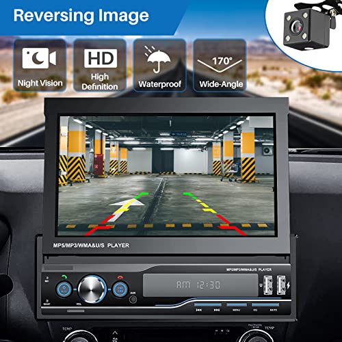 Image of Single Din Car Stereo 7 Inch Flip Out Capacitive Touch Screen Car Radio Compatible with CarPlay and Android Auto, Support Bluetooth Mirror Link GPS Navigation FM Radio SWC + Rearview Camera