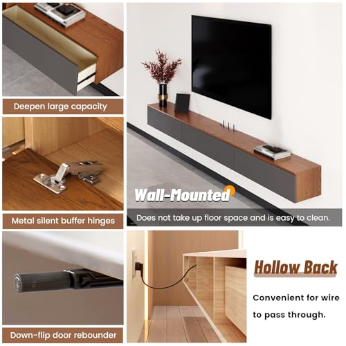 Moderno soporte de TV flotante de madera maciza para montaje en pared, centro de entretenimiento blanco para televisores de hasta 85 pulgadas, elegante estante de almacenamiento de 150 cm, mueble de