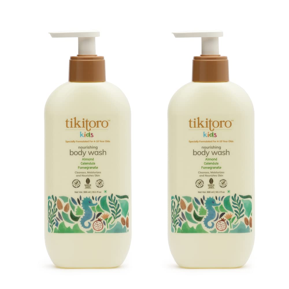 Tikitoro Kids Nourishing Body Wash, 100% Vegan with Almond, Calendula, Pomegranate Extract, Cleanses, Moisturizes & Nourishes Skin with No Parabens & Sulphates (Age: 4+ Years) (300 ml(Pack of 2))