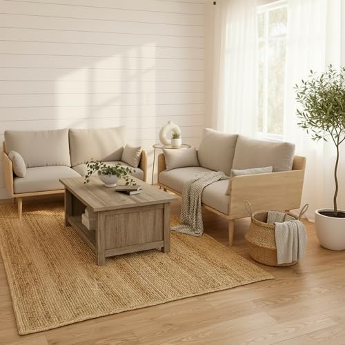FRELISH DECOR Handwoven Jute Area Rug - 6x9 Feet Natural Yarn - Rustic Vintage Beige Braided Reversible Rectangular Rugs for Bedroom - Kitchen - Living Room - Farmhouse (6' x 9')