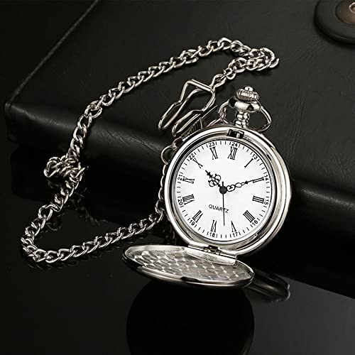 Tiong Silver Smooth Pocket Watch Steel Quartz Roman Numerals With Chain Best Gifts For Graduation Birthday Father's Day #TOP4