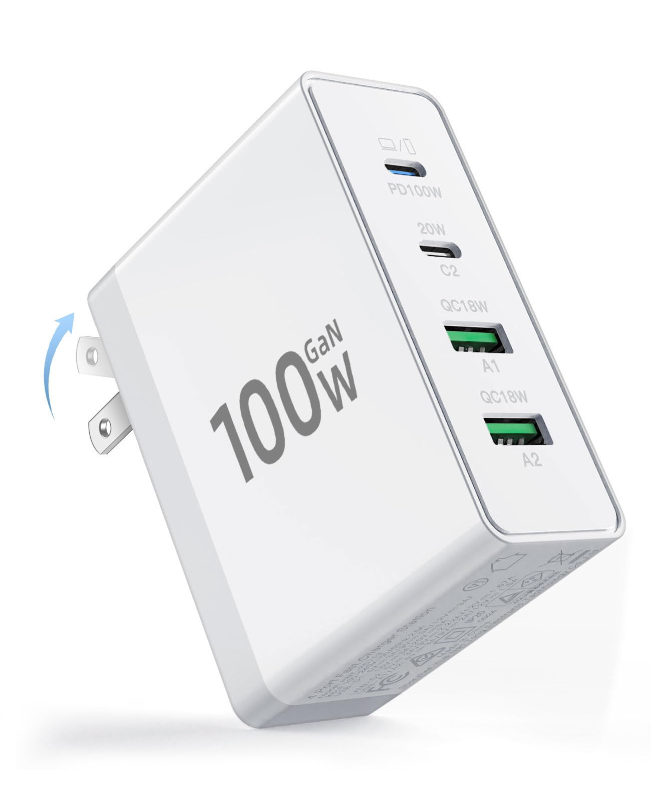 USB C Charger Block, 100W Fast GaN 4-Port USB Wall Charger, Foldable Plug Laptop Adapter for MacBook Pro/Air, Dell XPS,iPad Pro,iPhone,Galaxy S24/S23, Note 20/10+