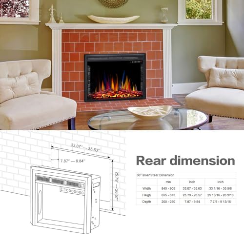 Image of R.W.FLAME 36 inch Electric Fireplace Insert,Recessed Electric Stove Heater, 5 Color Adjustable Flames, 8 H Timer, 5 Brightness Settings, 750 /1500W Touch Screen, Remote Control (36 inch X 27 inch)