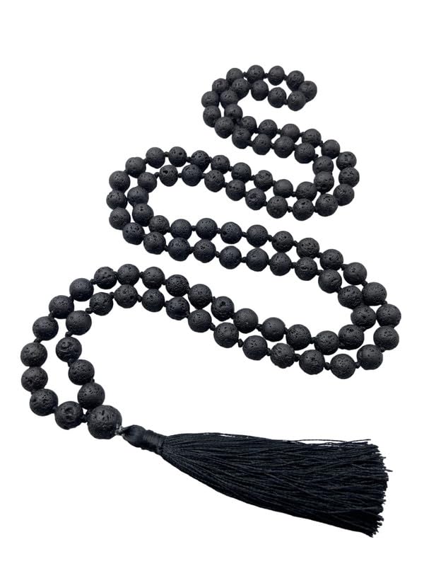 Collier Mala en turquoise africaine larvikite et agate de 8 mm avec pompon de guérison