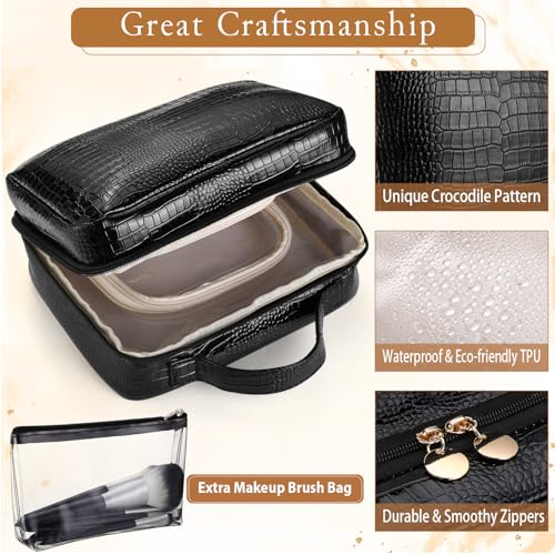 Travel Makeup Bag - Large Capacity Cosmetic Bag with Makeup Brush Bag, Leather Makeup Travel Case Open Flat Makeup Case, Cute Makeup Organizer Bag for Women Girls, Black