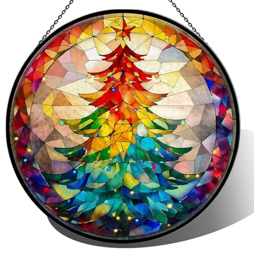 JOPJOLIW Christmas Tree Stained Glass Window Hanging 7.9 Colorful Xmas Tree Sun Catcher Glass Panel with Chain Christmas Trees Decor Handmade Suncatchers Xmas Gifts for Women Sister BFF