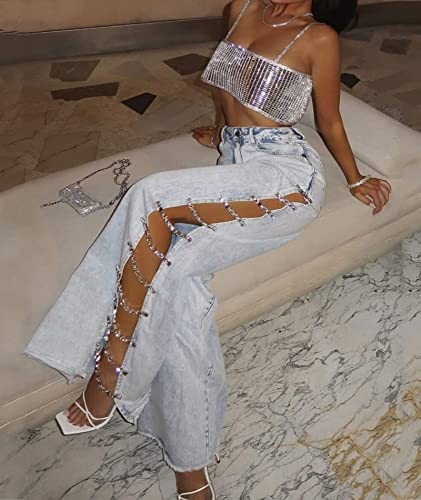 SEMATOMALA Women's Side Rhinestone Chain Flare Denim Pants High Waisted Frayed Raw Hem Wide Leg Streetwear Jeans Trousers3
