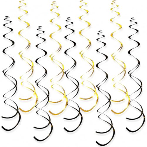 32 PCS Gold Black Hanging Swirl Decorations, Sparkle Ceiling Swirls with Plastic Streamers for Graduation, Casino Night, Black Tie, New Year, Milestone Birthday, Retirement Party