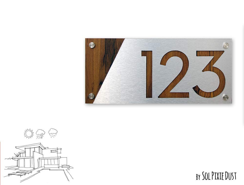 Modern House Numbers, Brushed Silver Alucobond with Wood Red Oak Alucobond - Cut Edge - Contemporary Home Address -Sign Plaque - Door Number - Hotel Room
