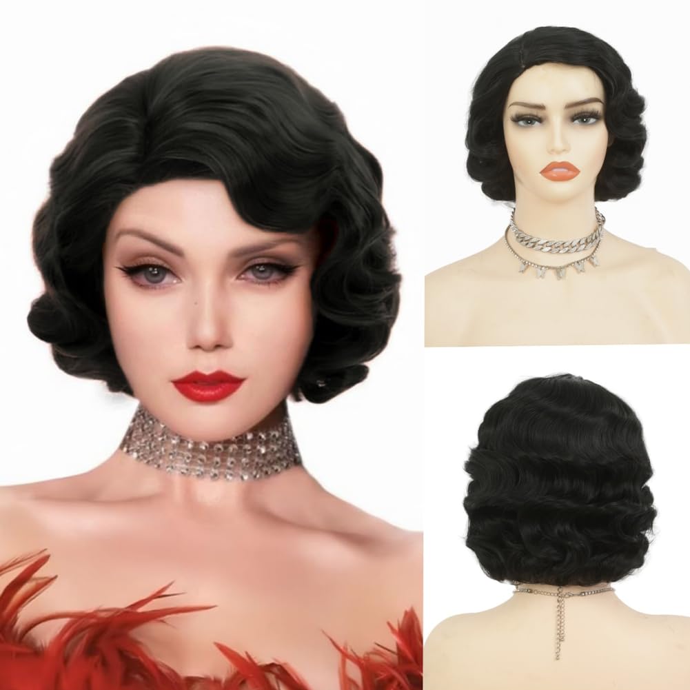 Salaibs Black Finger Wave Wigs for Women 1920s Wig Vintage Wigs Synthetic Fiber Hair Wig for Halloween Cosplay Daily Use