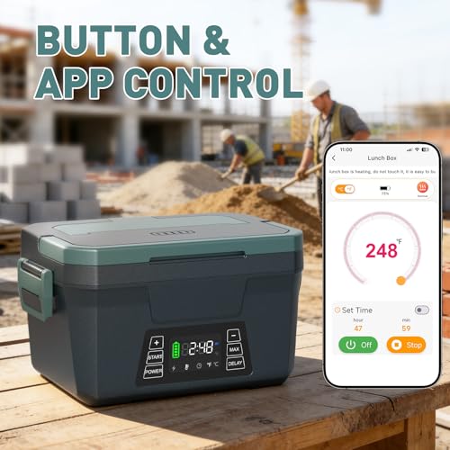 Image of Cordless Electric Lunch Box for Adults, APP Control Heated Lunch Box for Men, 18000mAh Battery Powered Portable Food Warmer w / Timer, Auto Heating 5-side Rechargeable 248F for Work /Outdoor /Gifts