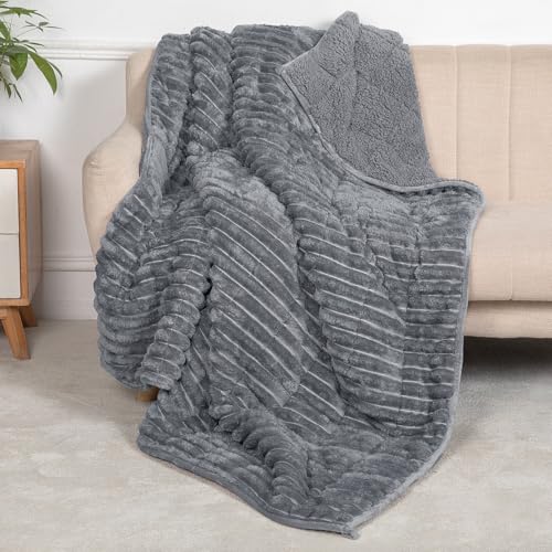 Image of Ultra-Soft Weighted Blanket for Adults(12 lbs, 48 inch x 72 inch Full Size) 3D Striped Sherpa Fleece Reversible Heavy Blanket with Glass Beads, Perfect for 100-140 lbs, Machine Washable, Grey