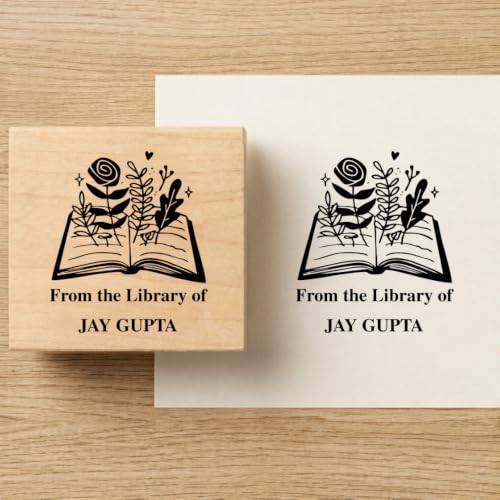 Image of Kunya Personalised Book Stamp with Your Name(3.5 cm Dia), customised for Stamping Books for Readers, Great Gift for booklovers, Kids, Teachers (Floral Book)