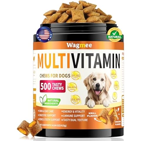 Dog Multivitamin, 500 Crunchy & Tasty Chew - Supports Daily Energy, Heart Health, Skin & Coat with Taurine, Krill Oil Omega-3, B Complex Vitamins & Zinc - Daily Multivitamin for All Breeds & Ages Cover