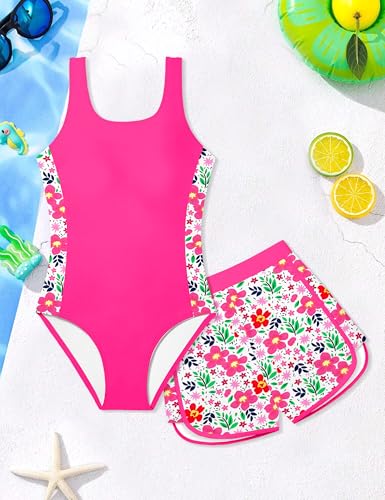 Image of Girls Swimsuit One Piece Swimsuits Color Block Bathing Suit for Girls Adjustable Strap Padded Swimwear with Shorts