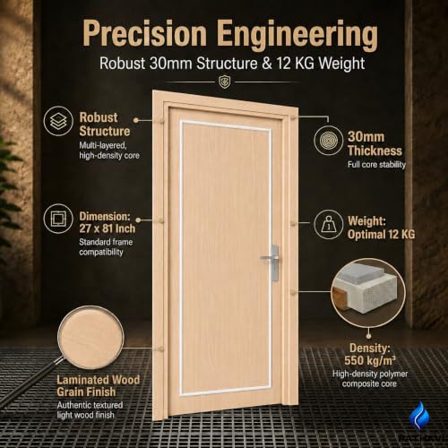 Image of PVC Door with Frame, 30 mm Thick, 27 x 81 Inches (2.25 x 6.75 ft), Beige Color, Waterproof, Termite Resistant, 550 Density, 12 kg
