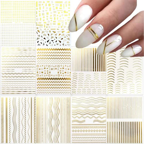 10 Sheets Gold Lines Nail Art Stickers Decal 3D Self Adhesive Metal Curve Stripe Line Nail Decals Nail Art Supplies French Tips Strip Wave Design Manicure Decorations For Women Girls Acrylic Nails Accessories #TOP23