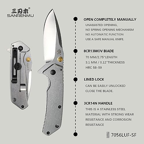 sanrenmu Faca dobrável de bolso 7056, trava forrada, lâmina 8Cr13MoV, EDC, sobrevivência, clipe de b