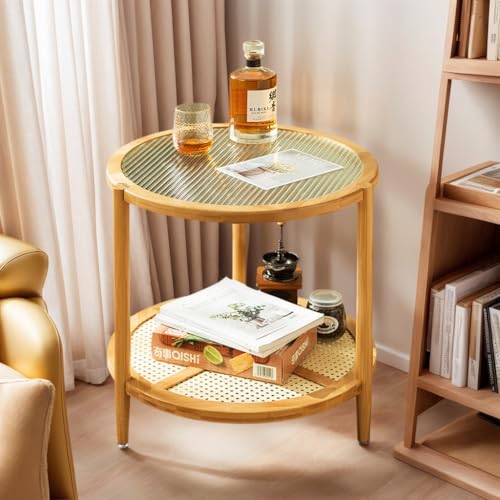 Mesa Auxiliar Redonda Moderna - Mesa Auxiliar de Cristal de 2 Niveles con Estante de Almacenamiento, Mesa de Centro pequeña para Sala de Estar y Dormitorio, mesas de sofá de bambú (Altura 19.68')