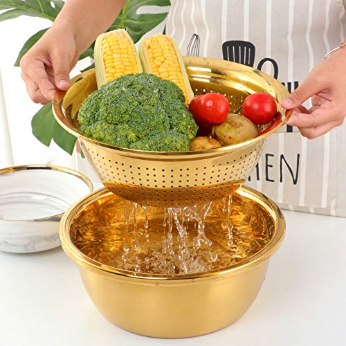 Meisha Colander, 3Pcs Stainless Steel Kitchen Tool 3 In 1 Drain Basket Fruit And Vegetable Cutter Strainer Bowl Set Drain Pot Basket Grater For Fruits Vegetables Rice Washing Mixing, - Iridescent #TOP2