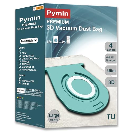 Pymin 12 Pack TU Vacuum Hoover Bags with 4 Exhaust Filters Compatible with Miele Pure TU Dust Bag for Guard L1/ S1 Junior/Silence/Allergy/Parquet XL/Flex/AllFloor/Cat/Dog/Comfort Series