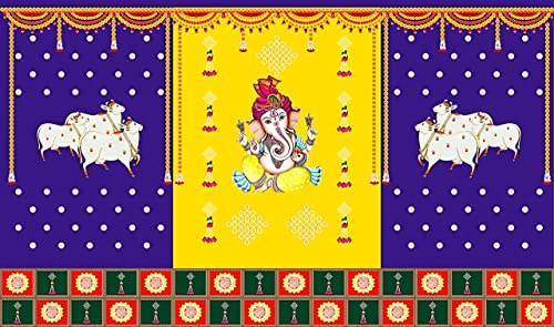 Image of IGH Ganesh Backdrop Cloth for Pooja Decoration-Traditional Festival Fabric (Size-5x8 Feet) - Perfect for Background Decoration and Festivals (Multicolor 3)