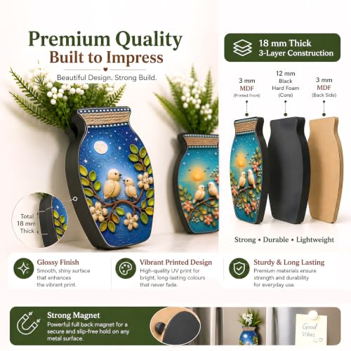 Image of Regalo Casila Magnetic Artificial Flower Vase Fridge Magnets Set of 2 Bird Floral Art Nature Inspired Decorative Refrigerator Kitchen Home Office Decor Housewarming Gift