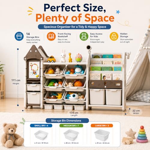 Image of 3in1 Kids Toy Storage Organizer with Bookshelf, Kids Bookshelf with Bins, Montessori Book Shelf, Toy Organizer for Baby Room Children's Books Toy Rack Nursery & Playroom Storage Organizer