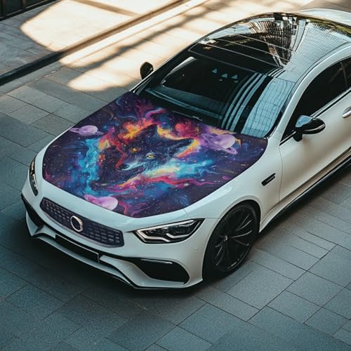 Image of Planet Wolf Print Hood Cover for Auto, Stretch Polyester Car Hood Flag Universal Automotive Hood Protective Accessories for SUVs Sedans Trucks Pickup Jeeps