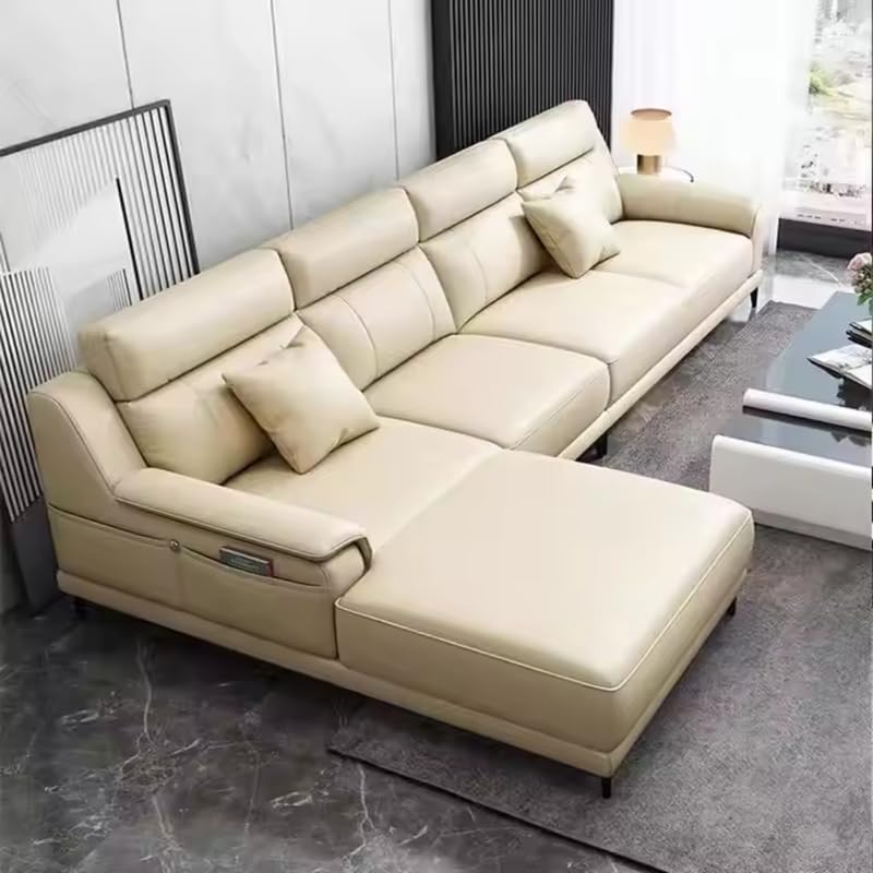 Image of Homax. Poppins Solid Sal Wood Italian Luxury High-End Villa Living Room L-Shape Sectional Modular Sofa Set in Leatherette Orientation RHS - Beige