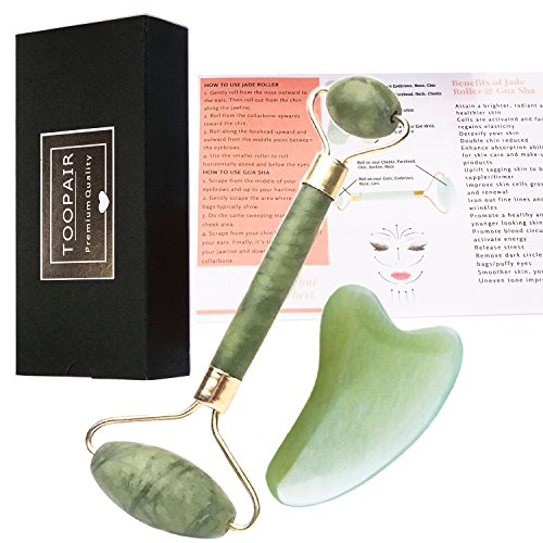 Jade Roller and Heart-shape Gua Sha Beauty Tool Set by TOOPAIR – Face, Eyes, Neck and Body Massager – Premium 100% Real Jade Stone for Massaging, Scraping – Anti Aging Facial Skin Care Kit