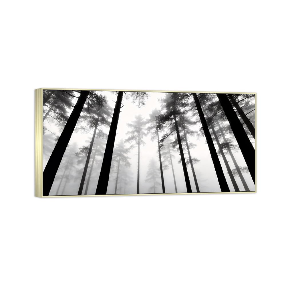 Forest Tree 6 Black White Landscape Canvas Picture 60x120cm Silver Frame