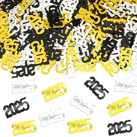 JULBEAR 2025 New Years Confetti, New Year Party Supplies Black Gold Silver 2025 Confetti New Year Eve Decorations 2025 Nye Table Centerpiece for Happy New Year Gift New Years Theme Events Decorations Cover
