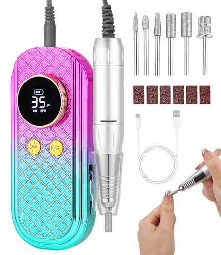 Torno para Uñas Profesional ,35000 rpm Portátil Lima de Uñas Eléctrica Recargable Velocidad Ajustable Fresas Torno para Uñas con Pantalla LCD para Manicura Pedicura Salón Belleza