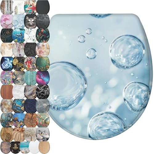 Image of Sanilo Wooden Toilet Seat with Quick Release & Soft Close [ROUND] - Decorative & Slow Close Molded Wood Seat - With One Click for Easy Installation & Cleaning - With Adjustable Fit (Bubbles)