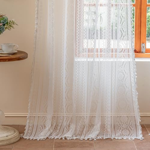 Image of MYSKY HOME White Lace Sheer Curtains 84 Inch Long 2 Panels Vintage Floral Bohemian Crochet Geometry Striped Light Filtering Privacy Rod Pocket Drapes with Tassels for Living Room Bedroom, 55 inch Wide