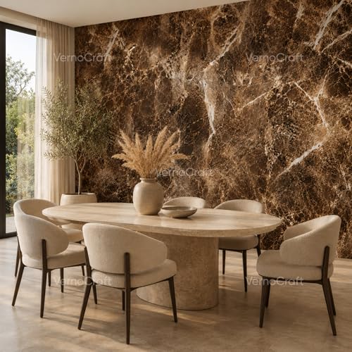 Image of Marble Aluminum Foil Kitchen Stickers Oil-Proof Waterproof Self Adhesive Wallpaper PVC Bathroom Wall Stickers Contact Paper Autumn Brown Marble (Dark Brown) (60CM X 200CM)(Pack of 1)