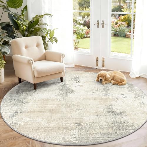 SOANNY Round Rug Living Room Abstract Soft Carpet Beige Grey 140cm