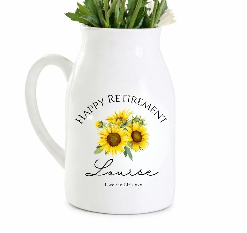 UNIQUEPGIFTS Personalised Retirement Vase Gift, Colleague Coworker Leaving Present, Happy Retirement Keepsake, Small Flower Jug, 12.5cm