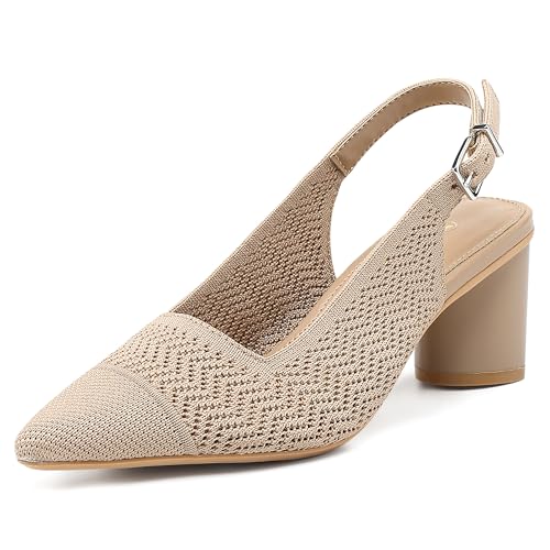 Women's Knit Pointed Toe Chunky Heel Sandals - Chunky Block Heel Summer Shoes, Breathable Sandals for Business and Daily Wear