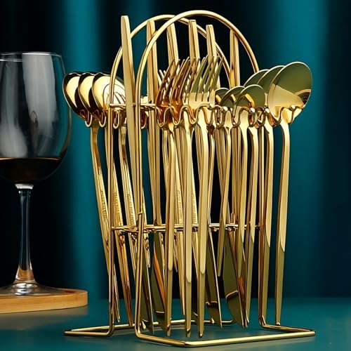 Image of BonZeaL Stainless Steel 24 Pieces Gold Cutlery Set for 6 Person with Stand Mirror Finish Flatware Set for Dining Table Hotel Cafe Bar Restaurant Premium House Warming Gifts for New Home Kitchen