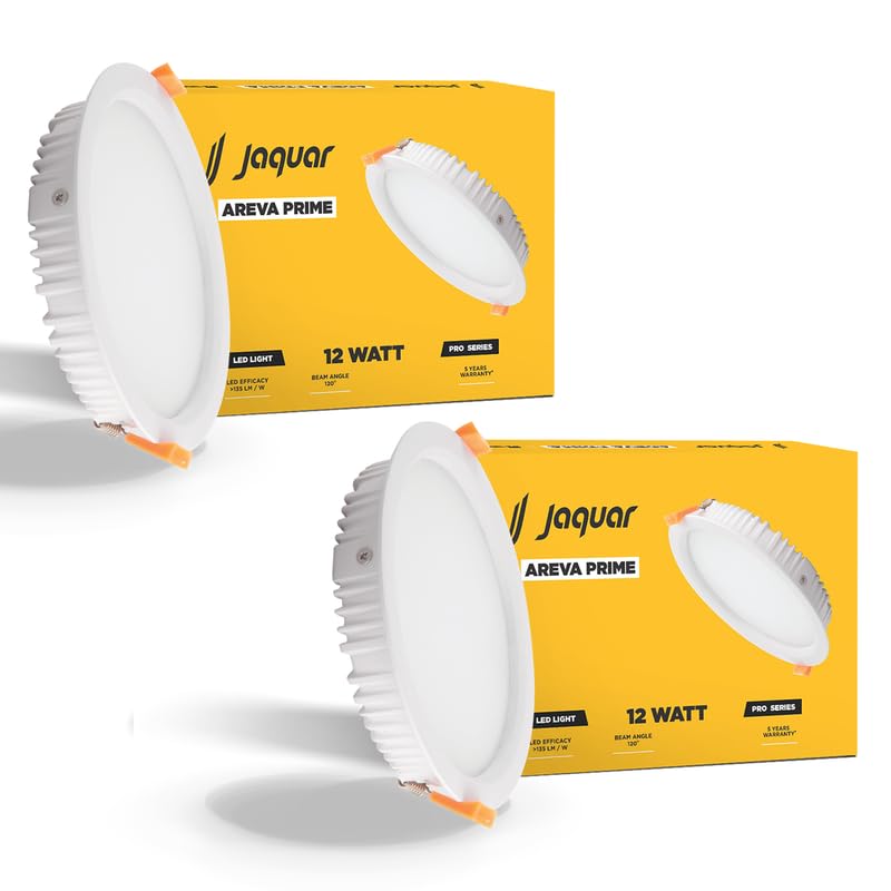 Image of Jaquar 12W Areva Prime Round Downlight with Aluminum housing | 5 Year Warranty | Natural White Light (4000k) Sleek Backlit Design | Recessed Mounted False Ceiling | 105 mm Cutout |120x28 mm (Pack 2)