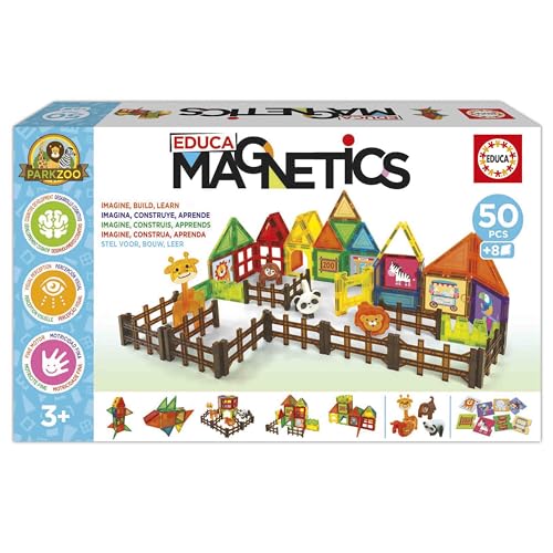 Educa - Magnetics Parck Zoo | Juego Educativo de construcción 3D magnético con 50 Piezas para niños. Incluye 4 Animales y 8 Tarjetas. Construye Figuras geométricas. A Partir de 3 años (20270)