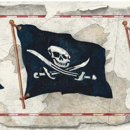 Concord Wallcoverings Frise de papier peint motif drapeaux de pirate - Couleurs : gris, bleu foncé, blanc, rouge - Taille : 17,8 cm x 4,5 m - SB7751B