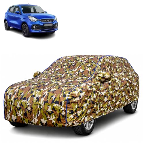 Image of Waterproof Car Body Cover for Maruti Suzuki New Celerio with Mirror Pocket| Cotton Inner Lining | Triple Stitched | All Weather Protection | Dust, UV & Rain Proof (Camouflage with Blue Piping)