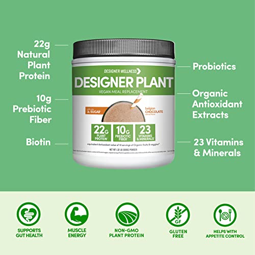 Designer Wellness, Designer Plant Meal Replacement, Pea Protein And Organic Sprouted Rice Protein Powder With Vitamins, Minerals, Healthy Fats, And Antioxidants, Begium Chocolate, 1.32 Pounds #TOP2